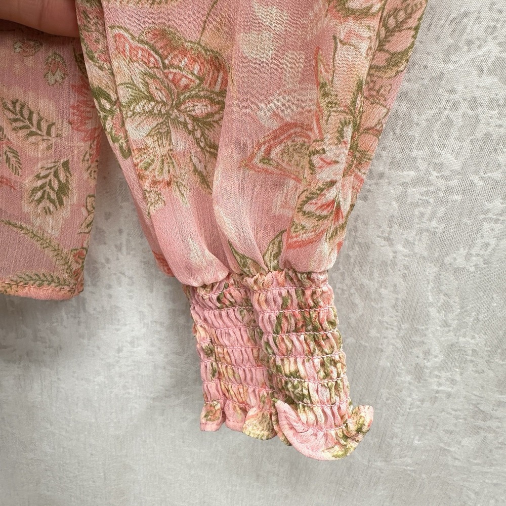 Joie Boho Floral Blouse Women Size M Pink Tie Neck Smocked Cuffs - Picture 11 of 12